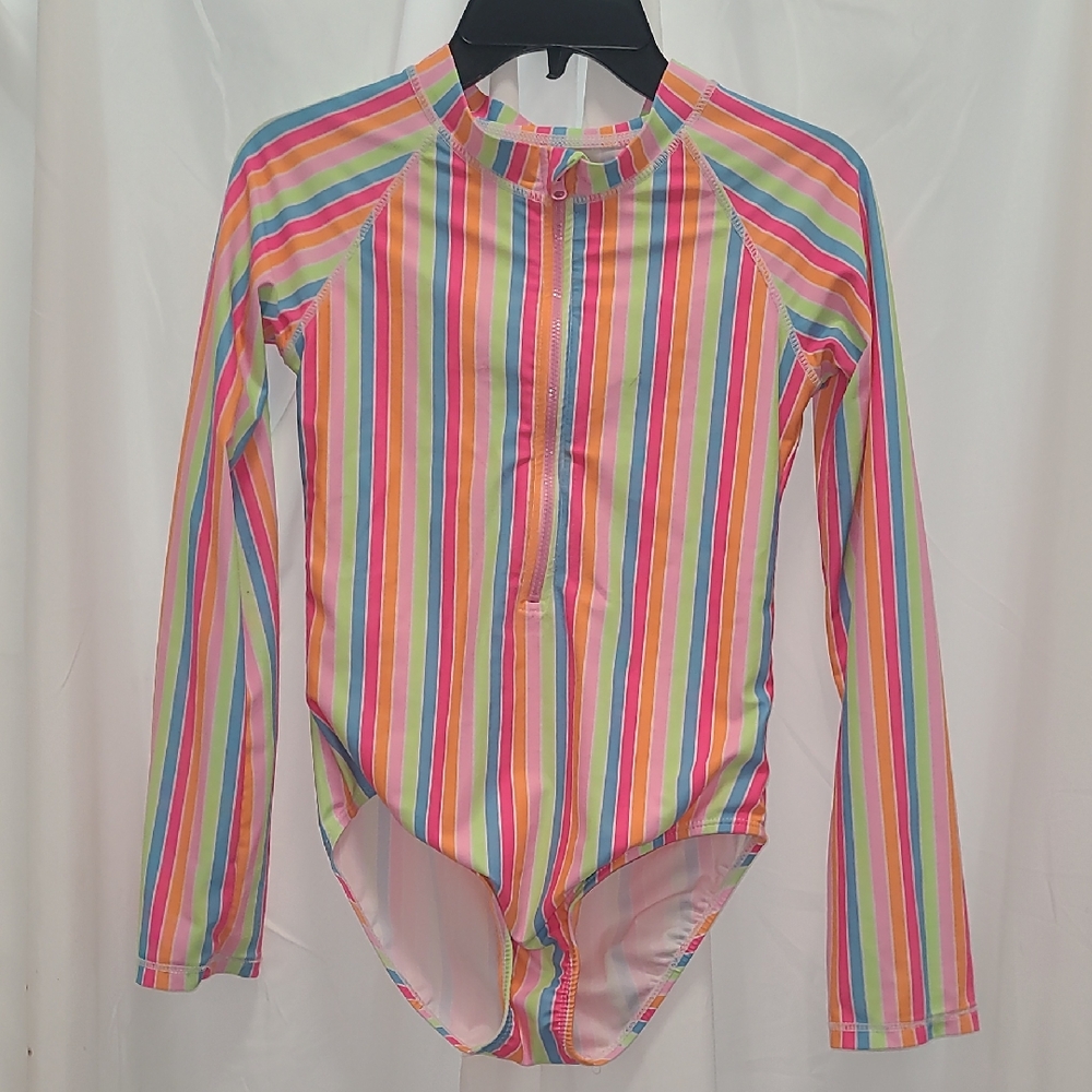 Kids Long-Sleeve Rainbow Stripe Rash Guard Swimsuit